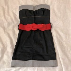 Dark blue denim strapless dress with belt